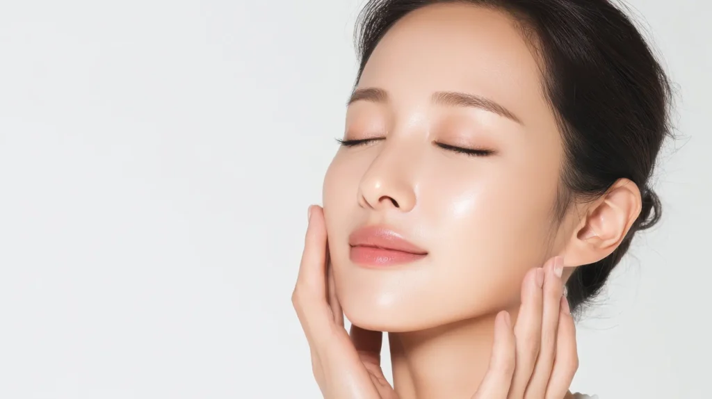 Close-up of a woman with no visible facial wrinkles and sagging after a face thread lift.