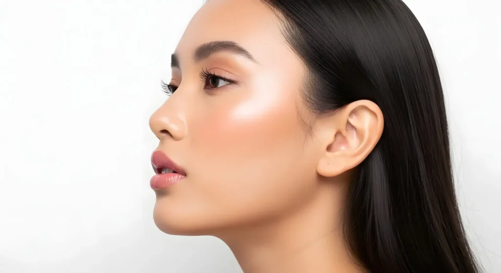 Close-up of a woman’s face after a nose thread lift.